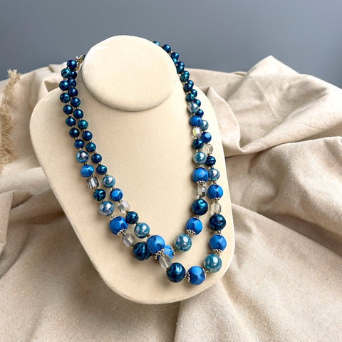 Peacock blue and sapphire 2 strand necklace - 1960s vintage - NextStage Vintage