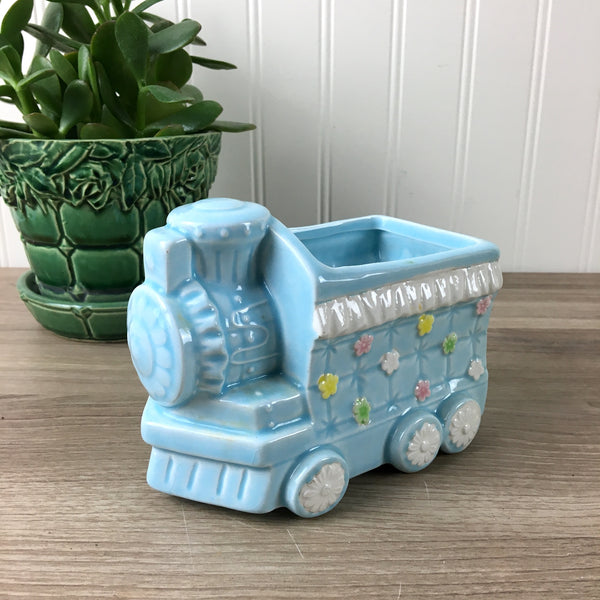Blue train planter with a bear - vintage baby room decor - NextStage Vintage