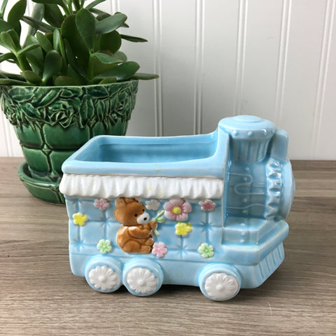 Blue train planter with a bear - vintage baby room decor - NextStage Vintage