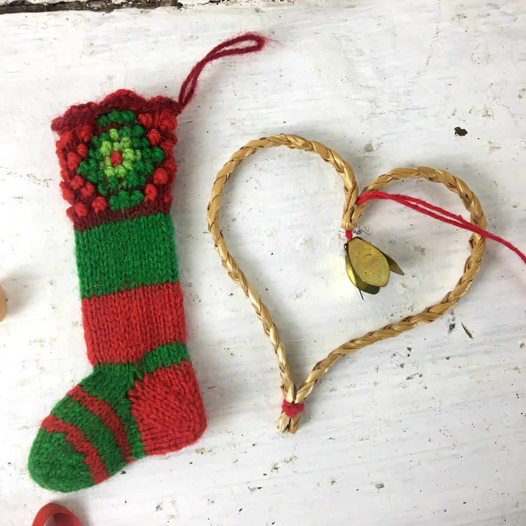 Bohemian Christmas ornaments - set of 8 - vintage wood, straw, knits