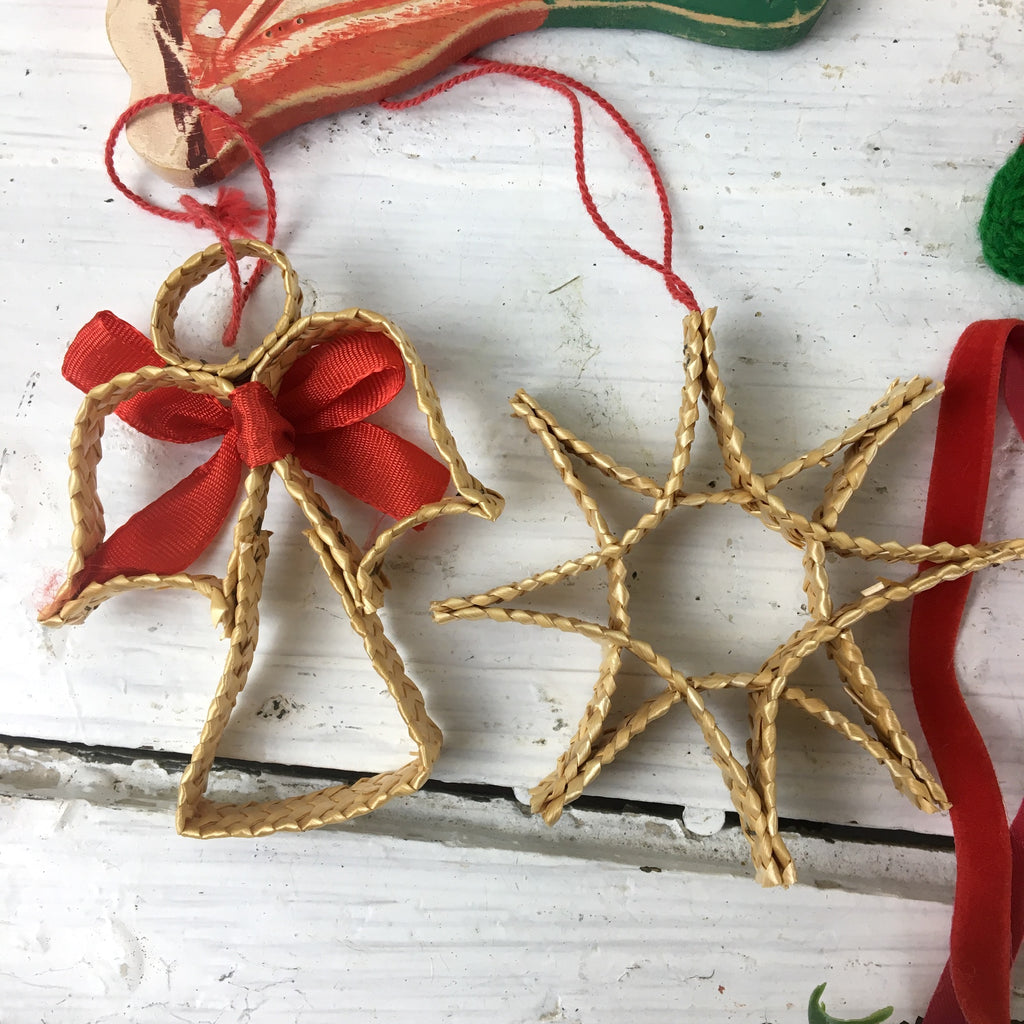 Bohemian Christmas ornaments - set of 8 - vintage wood, straw, knits