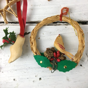 Bohemian Christmas ornaments - set of 8 - vintage wood, straw, knits - NextStage Vintage
