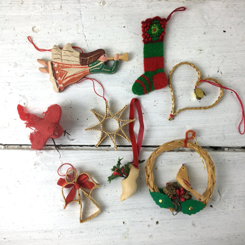 Bohemian Christmas ornaments - set of 8 - vintage wood, straw, knits - NextStage Vintage