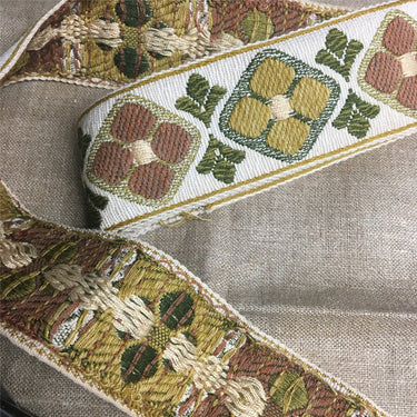 Earth tones brocade medallion flower ribbon - 2" wide x 2 yards - 1970s vintage - NextStage Vintage