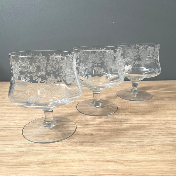 Cambridge Rose Point seafood cocktail glasses - 3 with no liners - 1930s-50s vintage - NextStage Vintage