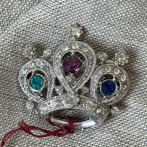 Rhodium plated sparkly rhinestone crown pin - vintage fine costume jewelry - NextStage Vintage