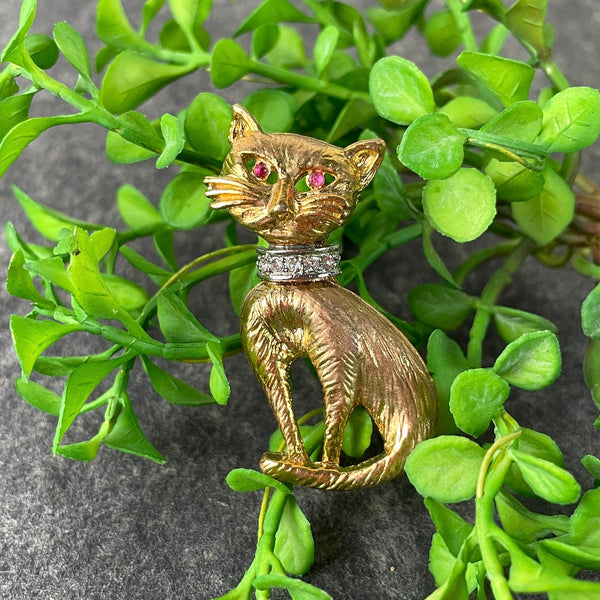 Jeweled eye cat pin - rhinestone collar - vintage 1960s costume jewelry - NextStage Vintage