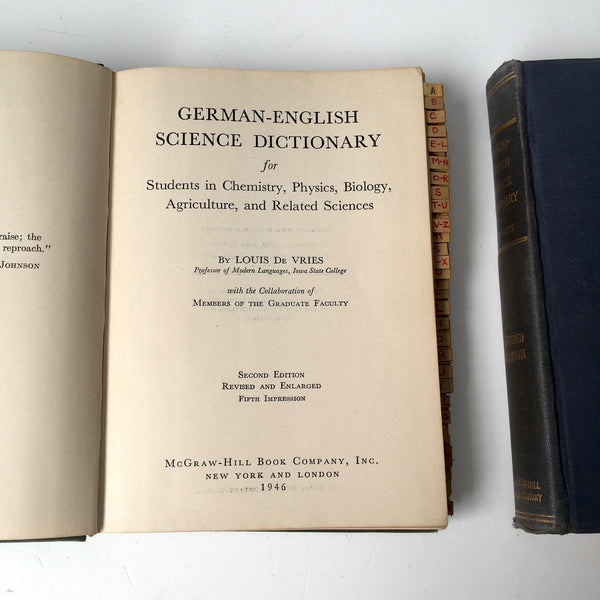 French-English and German-English Science Dictionaries - Louis De Vries - 1940s and 1950s hardcovers - NextStage Vintage
