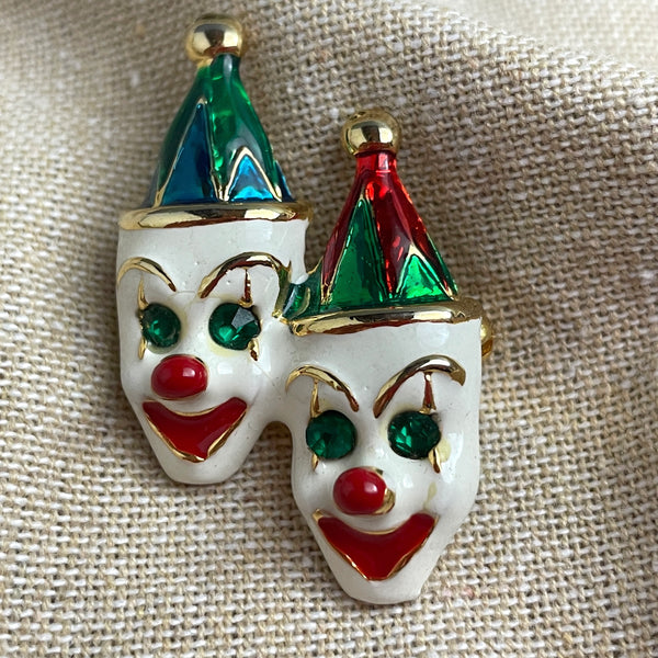 Two smiling clowns with rhinestone eyes - vintage enameled brooch - NextStage Vintage