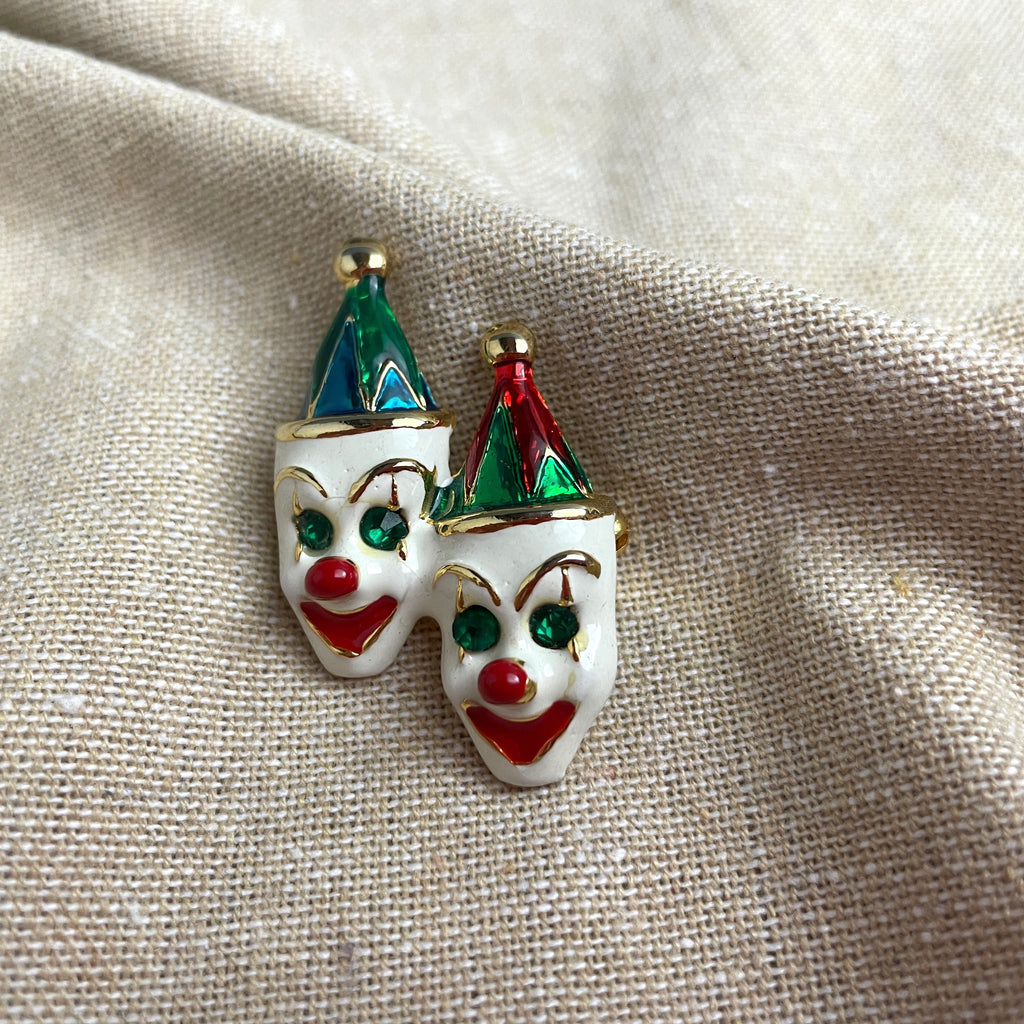 Two smiling clowns with rhinestone eyes - vintage enameled brooch - NextStage Vintage