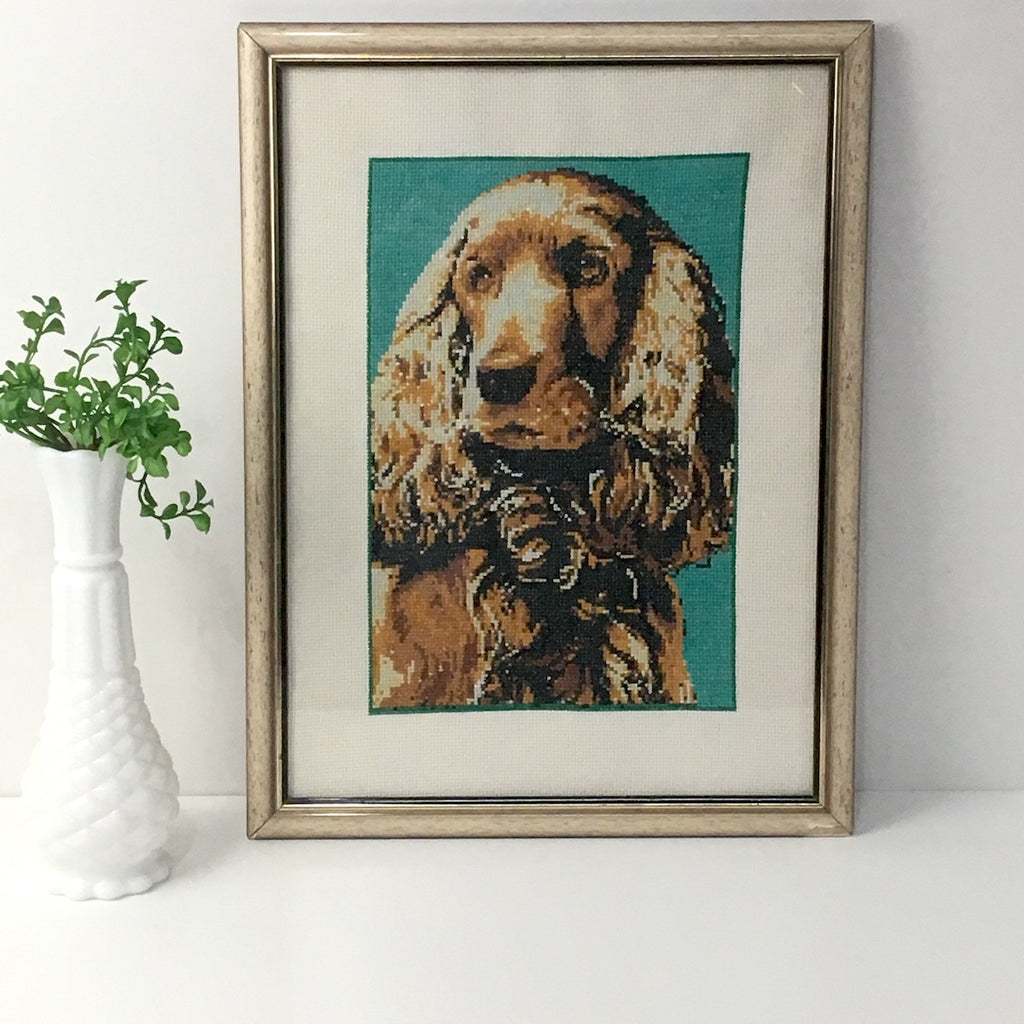 Cocker Spaniel and/or Curly Coated Dachshund counted cross stitch - vintage framed dog art - NextStage Vintage