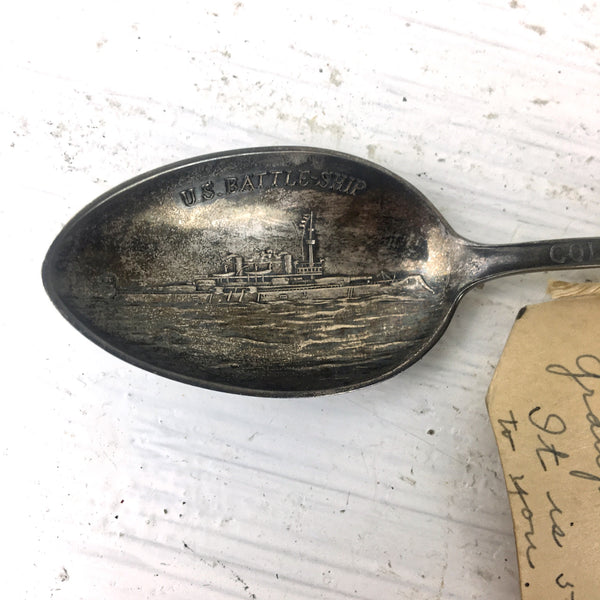 Columbian Exhibition US Battleship sterling spoon - inscribed - NextStage Vintage