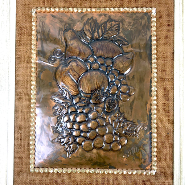 Fruit still life in embossed copper - ornate frame - 1950s vintage - NextStage Vintage