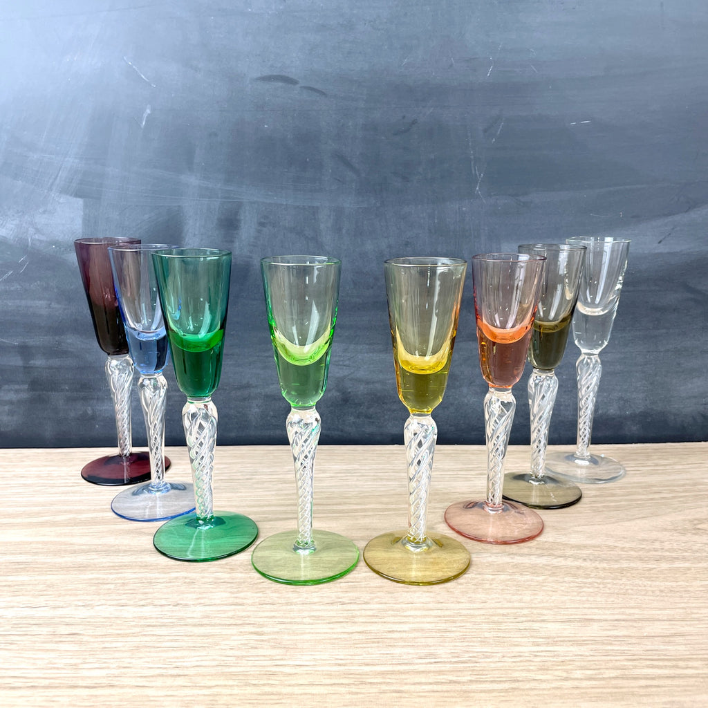Twisted stem rainbow cordial glasses - set of 8 - vintage barware - NextStage Vintage