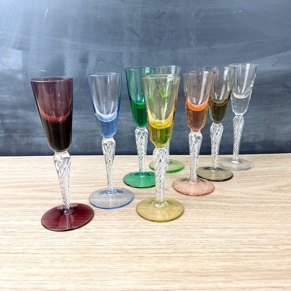 Twisted stem rainbow cordial glasses - set of 8 - vintage barware - NextStage Vintage