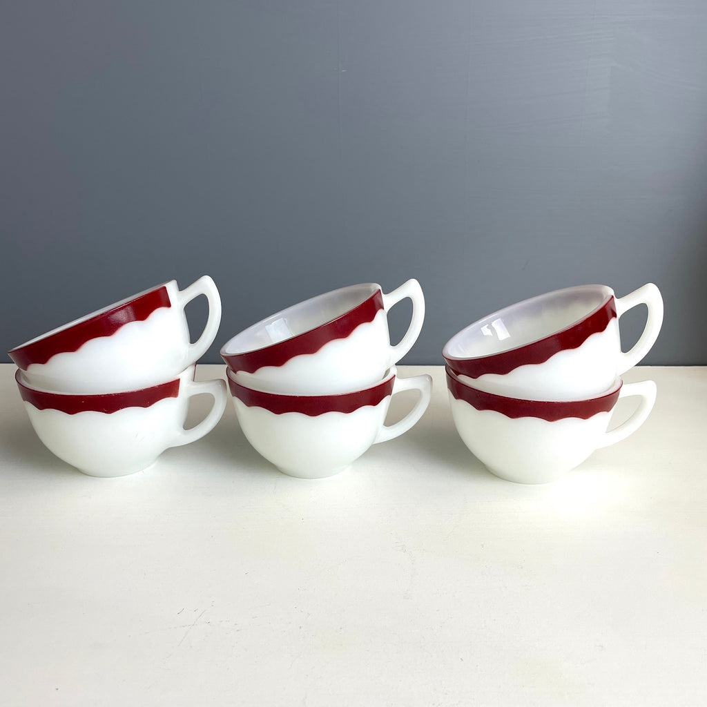 Corning restaurantware cups - set of 6 milk glass and red band - 1950s vintage - NextStage Vintage