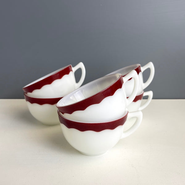 Corning restaurantware cups - set of 6 milk glass and red band - 1950s vintage - NextStage Vintage