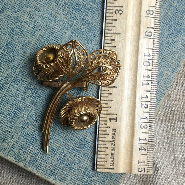 Corocraft filigree flower brooch - vintage 1970s gold floral pin - NextStage Vintage
