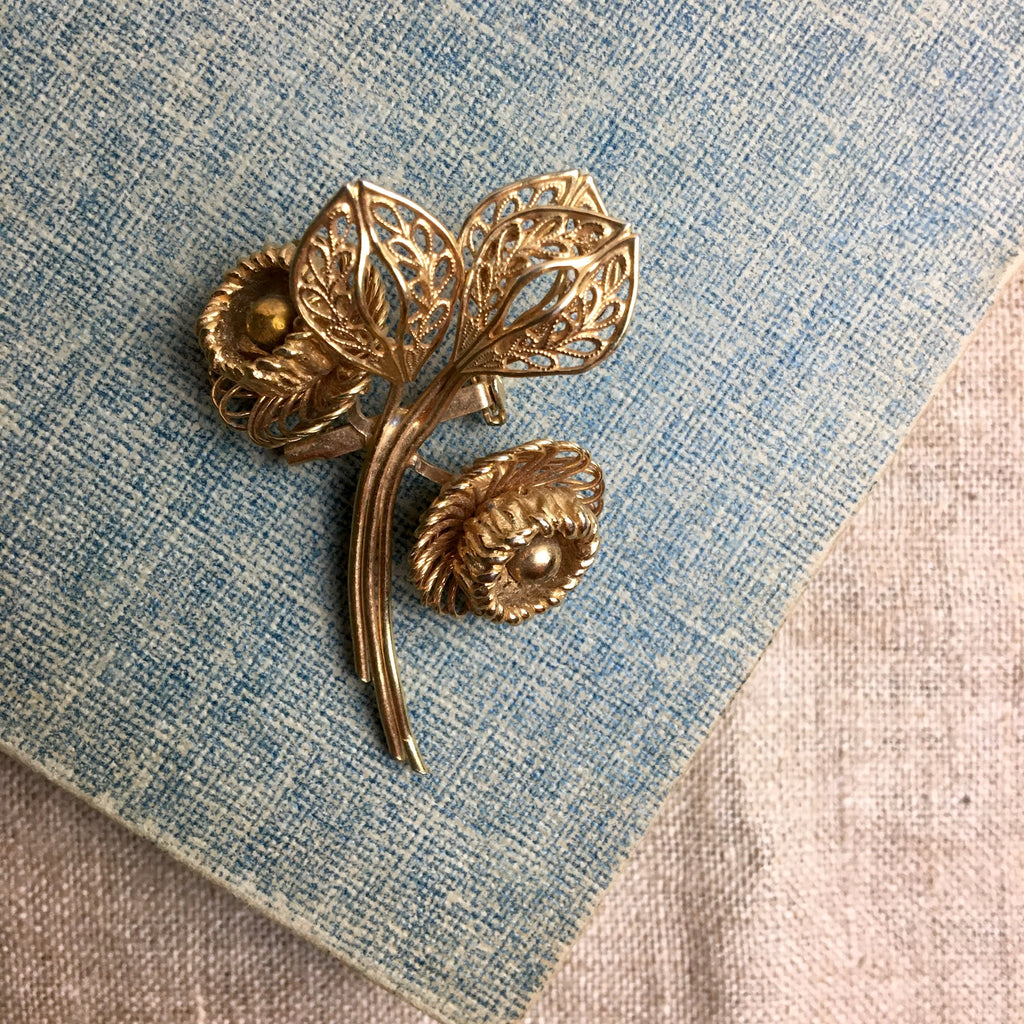 Corocraft filigree flower brooch - vintage 1970s gold floral pin - NextStage Vintage