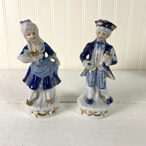 Colonial couple porcelain figurines in blue, white and gold - vintage romantic decor - NextStage Vintage