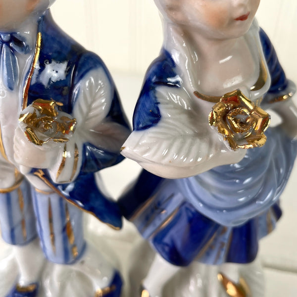 Colonial couple porcelain figurines in blue, white and gold - vintage romantic decor - NextStage Vintage