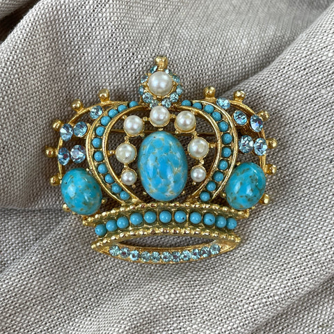 Weiss crown brooch with faux pearls & turquoise - vintage costume jewelry - NextStage Vintage