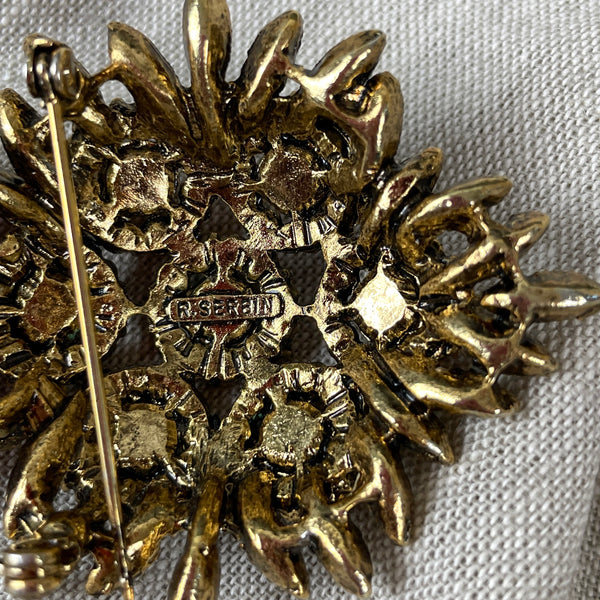 Oversized multicolor R. Serbin shield & crown brooch - vintage costume jewelry - NextStage Vintage