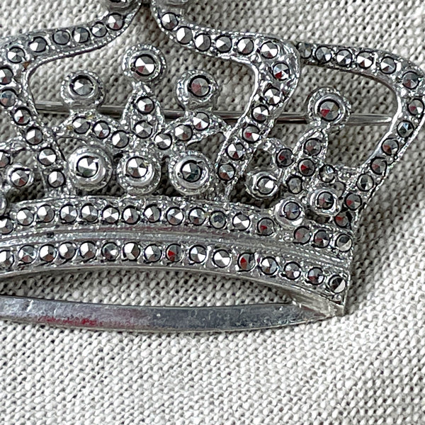 Sterling and marcasite crown brooch and matching earrings - 1950s vintage - NextStage Vintage