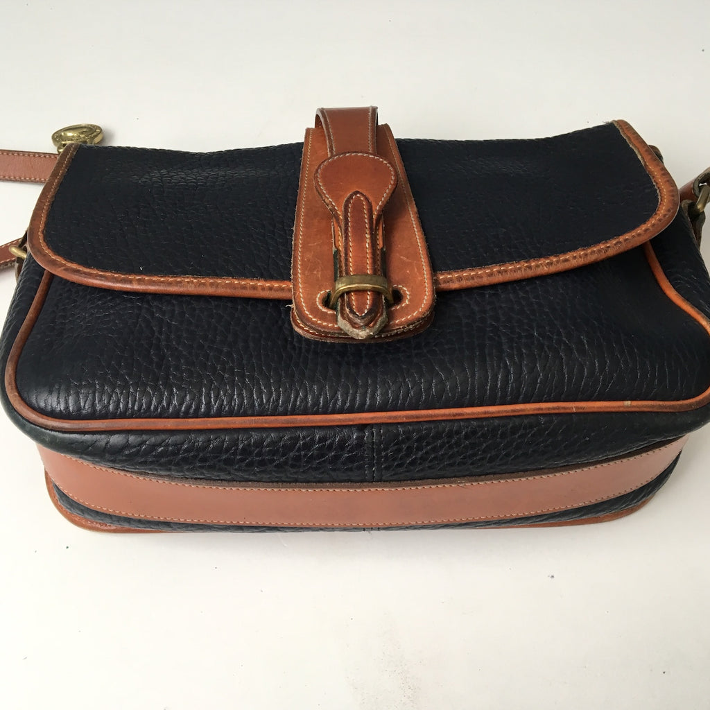 Dooney & Bourke AWL navy and tan equestrian tack crossbody bag - over and  under - 1980s vintage