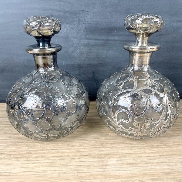 Art Nouveau Alvin fine sterling overlay 6" decanters - a pair - c1900 - NextStage Vintage
