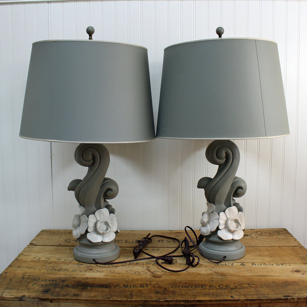 Blue and white flower table lamps - a pair - original shades - 1940s - NextStage Vintage