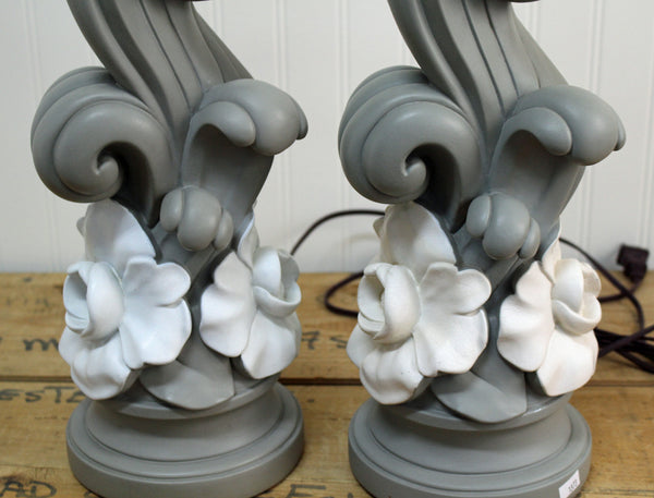 Blue and white flower table lamps - a pair - original shades - 1940s - NextStage Vintage