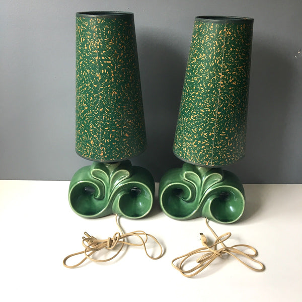 Mid century art deco style green pottery lamp pair with paperboard shade - 1950s vintage - NextStage Vintage