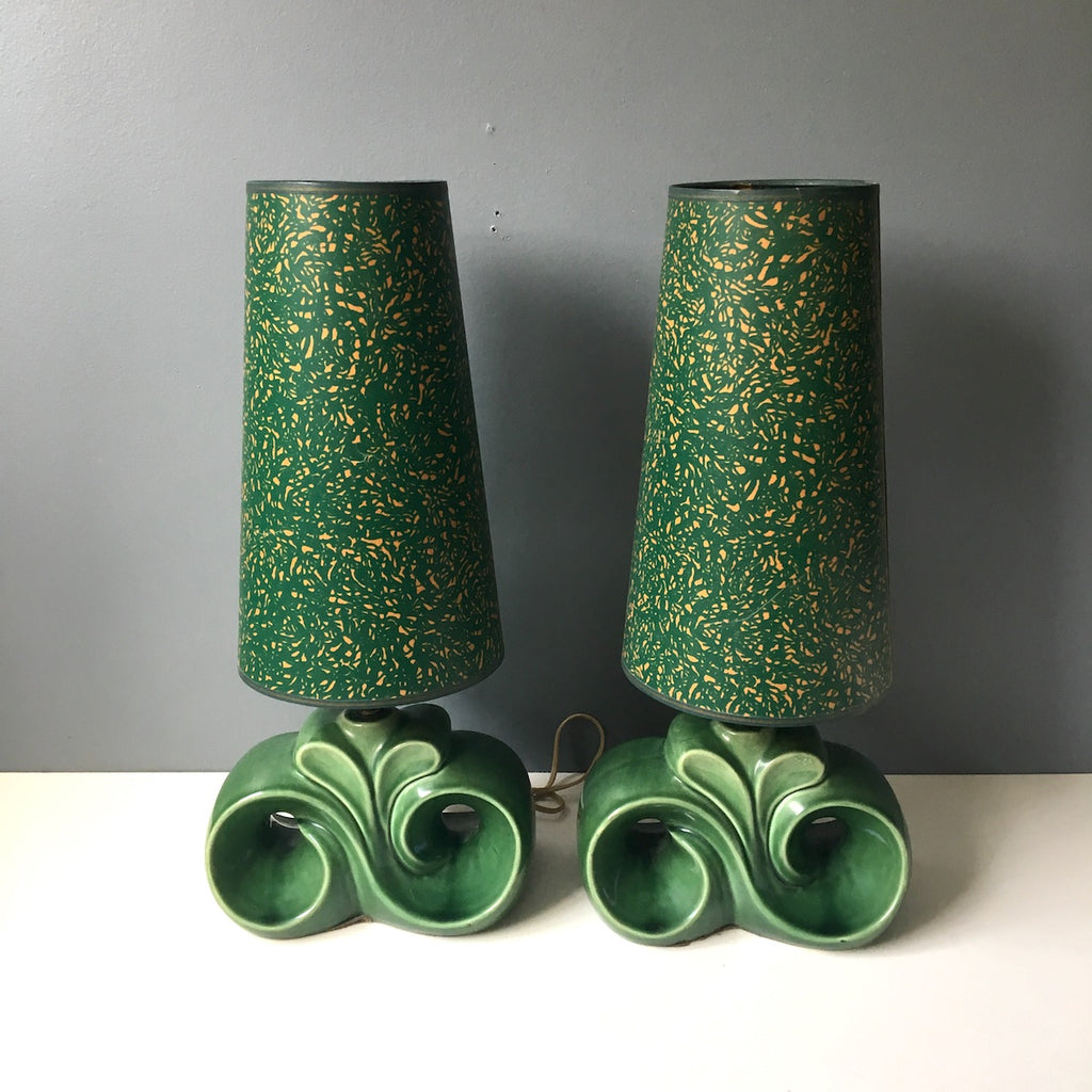 Mid century art deco style green pottery lamp pair with paperboard shade - 1950s vintage - NextStage Vintage
