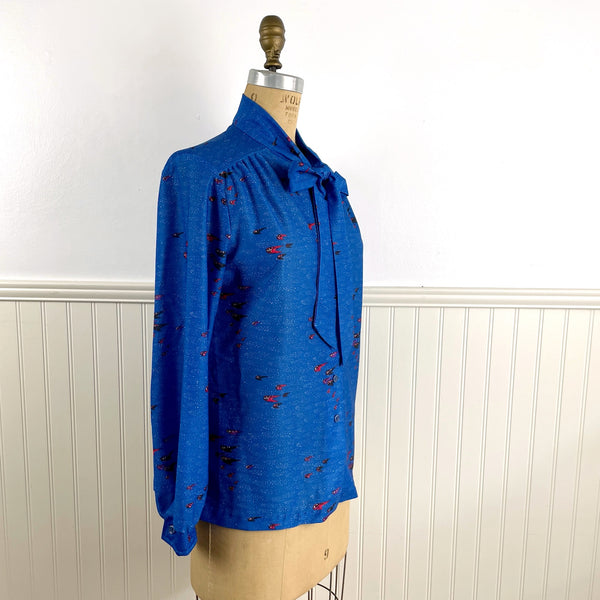 1970s Devon blouse with retro boomerang print - bow neck - long sleeves - size XL - NextStage Vintage