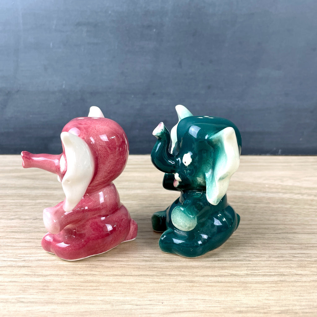 Pink and green elephant salt and pepper shakers - 1950s vintage
