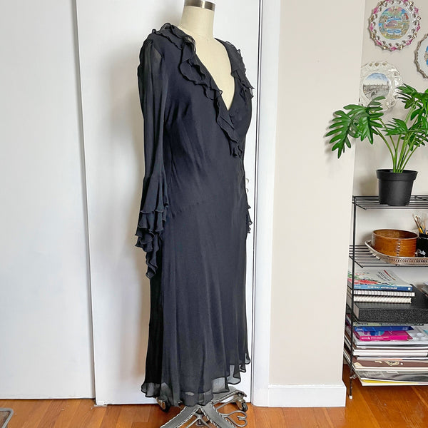 Sheer silk black dress with ruffles by Express - size 13/14 - NextStage Vintage
