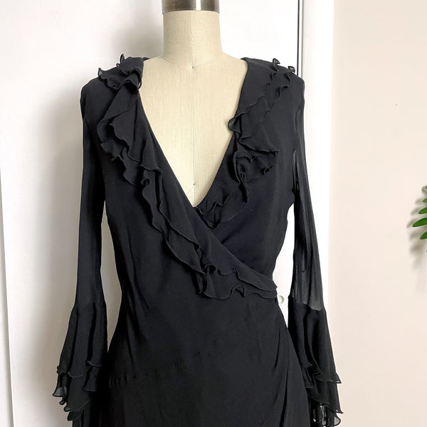 Sheer silk black dress with ruffles by Express - size 13/14 - NextStage Vintage