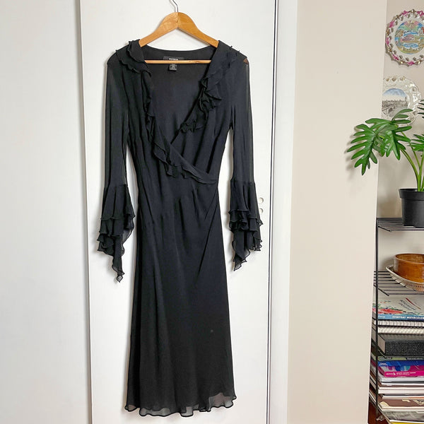 Sheer silk black dress with ruffles by Express - size 13/14 - NextStage Vintage