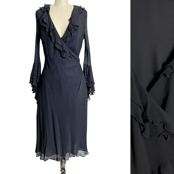 Sheer silk black dress with ruffles by Express - size 13/14 - NextStage Vintage
