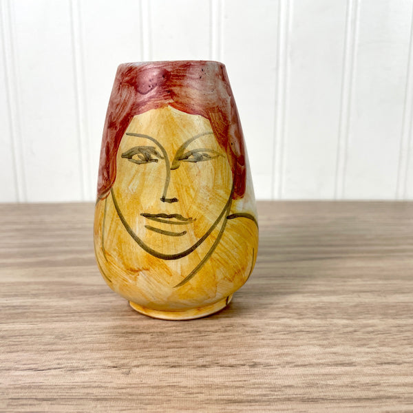 Pottery vessel with woman's portrait - 1990s artisan vintage - NextStage Vintage