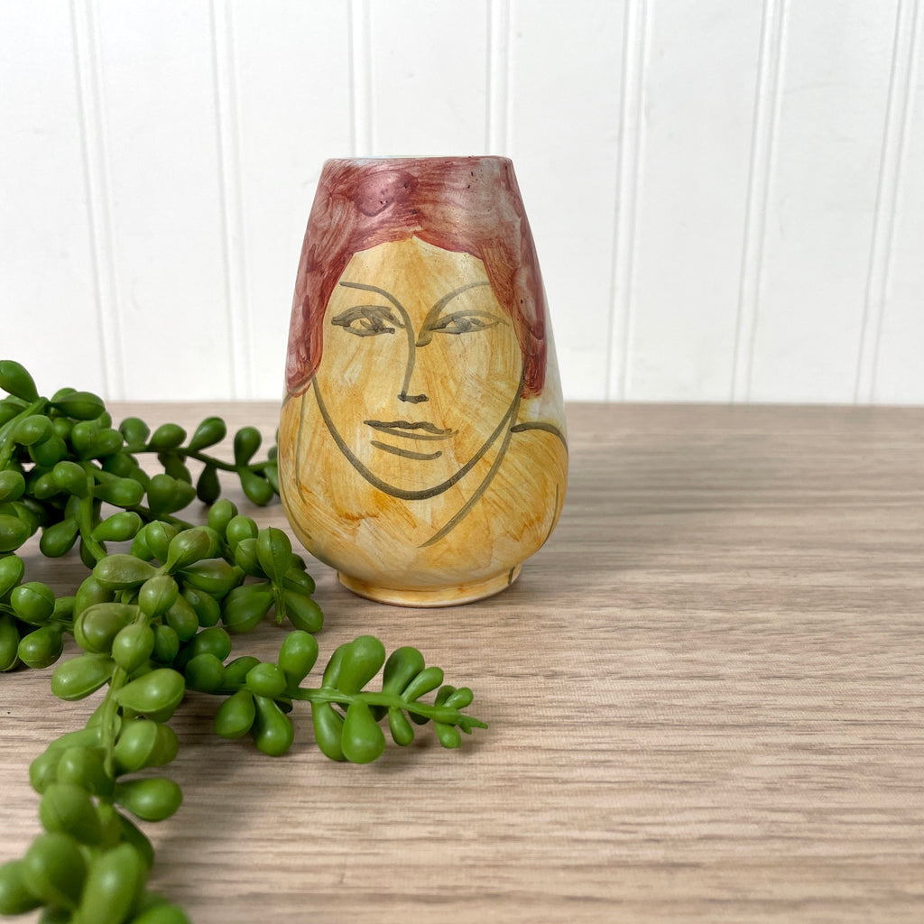Pottery vessel with woman's portrait - 1990s artisan vintage - NextStage Vintage