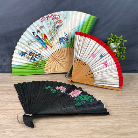 Asian folding paper fans - set of 3 - vintage hand fans - NextStage Vintage