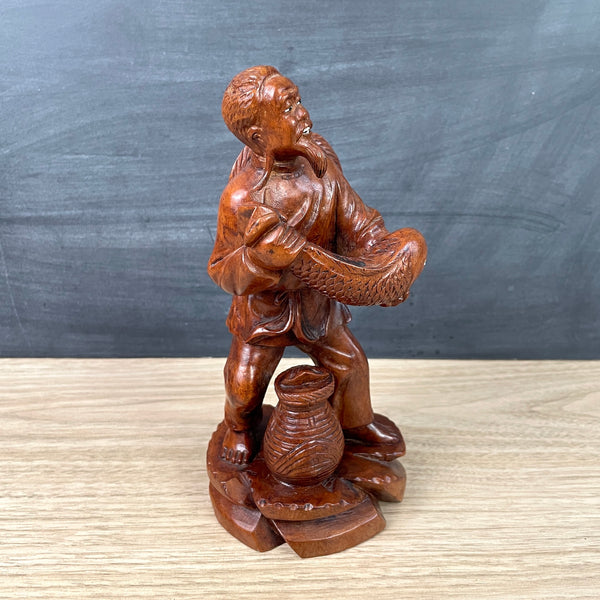 Carved wooden Asian fisherman with fish - vintage Asian decor - NextStage Vintage