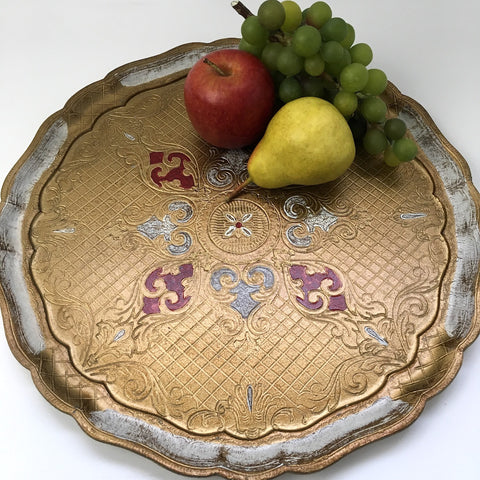 Round Florentine tray - white, gold and red - mint condition - Made in Italy - 1960s vintage - NextStage Vintage