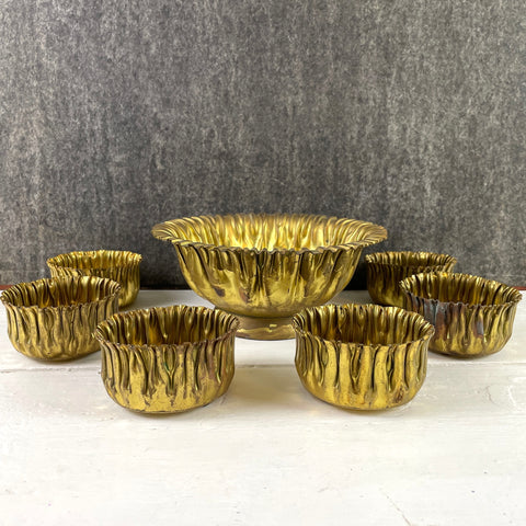 Metal florist centerpiece bowl with six individual place bowls - vintage floral design - NextStage Vintage