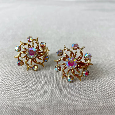 Round floral earrings with AB rhinestones - 1960s vintage - NextStage Vintage