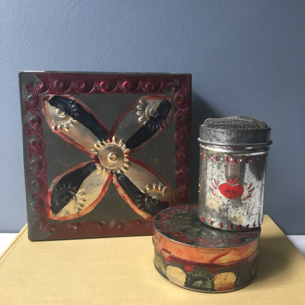 Red and black folk art tins - set of 3 - vintage shabby folk decor - NextStage Vintage