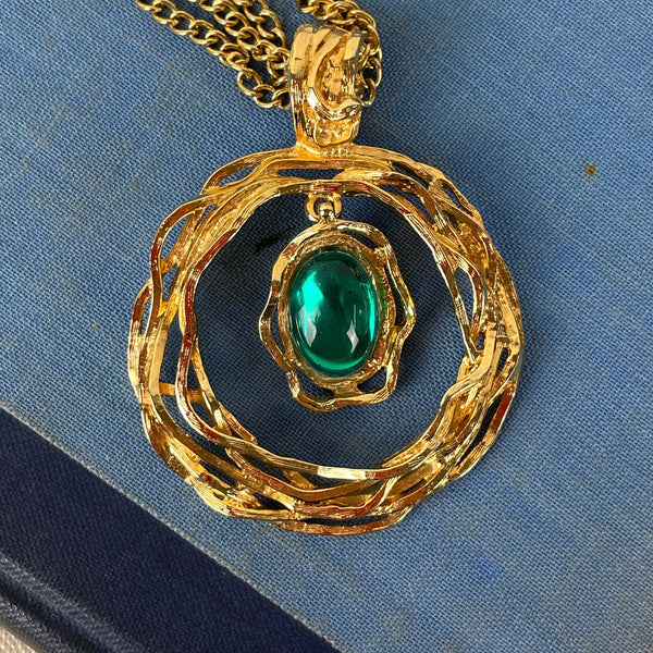 Freirich gold and green circular pendant - 1970s vintage costume jewelry - NextStage Vintage