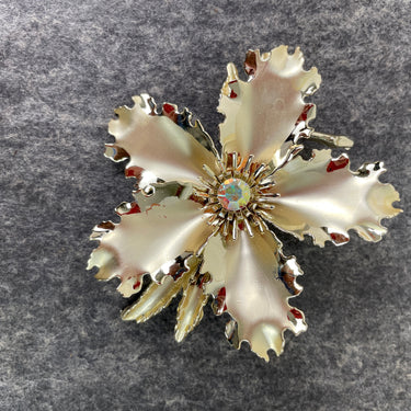 Goldtone flower brooch with aurora borealis rhinestone center - 1960s vintage - NextStage Vintage